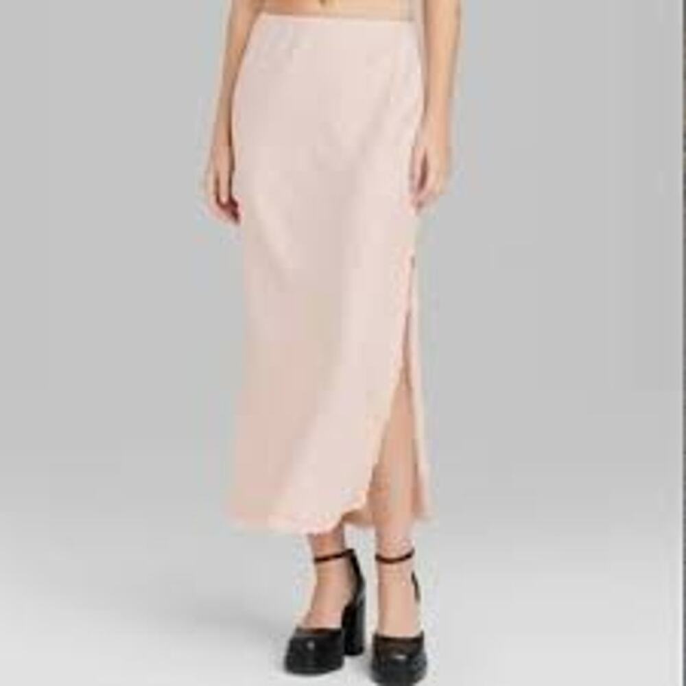 Wild Fable Satin Lace Trim Midi Skirt Pink Size M NWT Side Slit Slip Skirt
